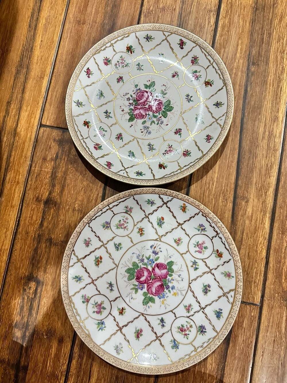 Set of 2 Andrea by Sadek Decorative Floral Plates with Gold Lattice Trim